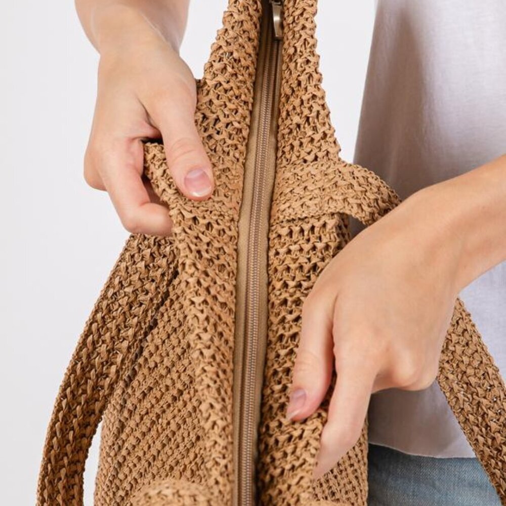 Solid Color Crochet Straw Tote Beach Bag - Taupe/Light Brown - Picture 4 of 6
